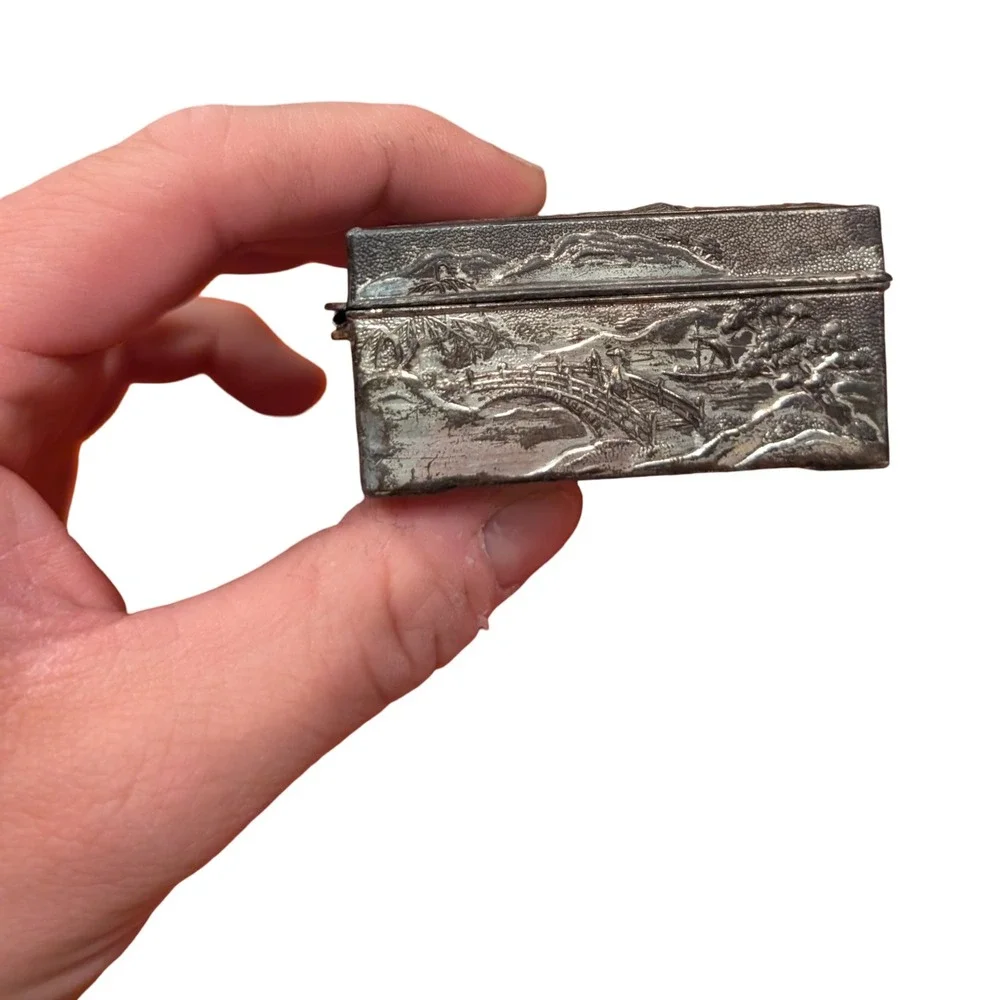 Vintage Japanese Mixed Metal Trinket Box Repousse Scenic‎ Temple Wood Lined